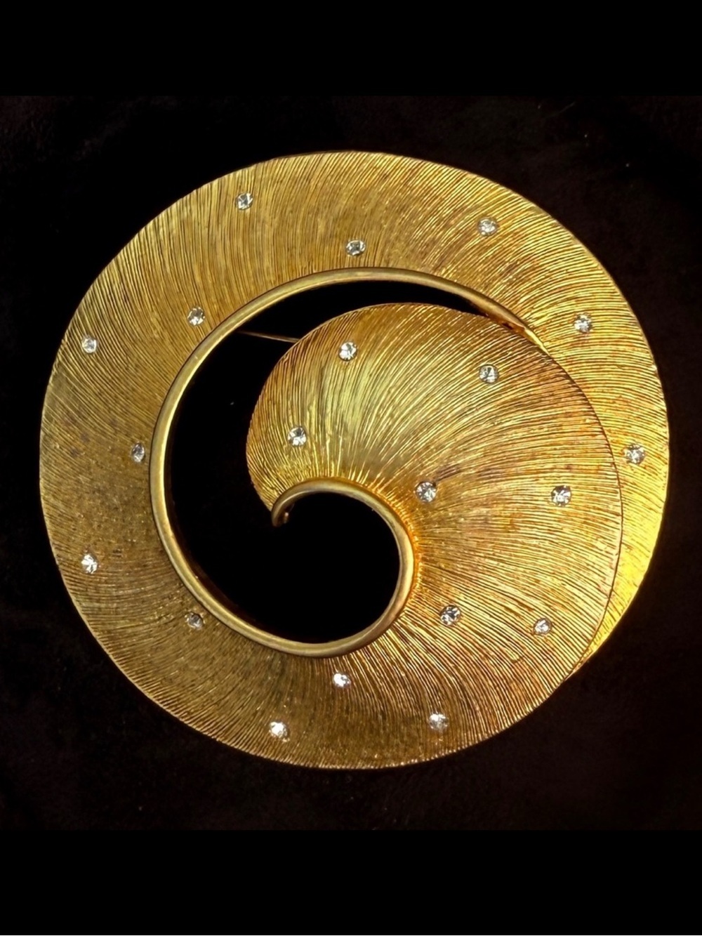 Vintage Goldtone Rhinestone Swirl Spiral Brooch Textured Statement Pin